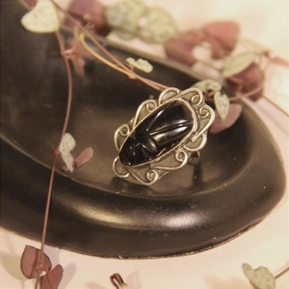 Vintage Mexico Sterling Silver Hand Carved Black‎ Onyx Scarab Ring Size 6.75